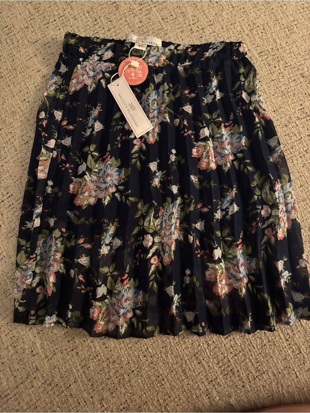 Pleated Floral Navy Skirt with Pink & Green Accents